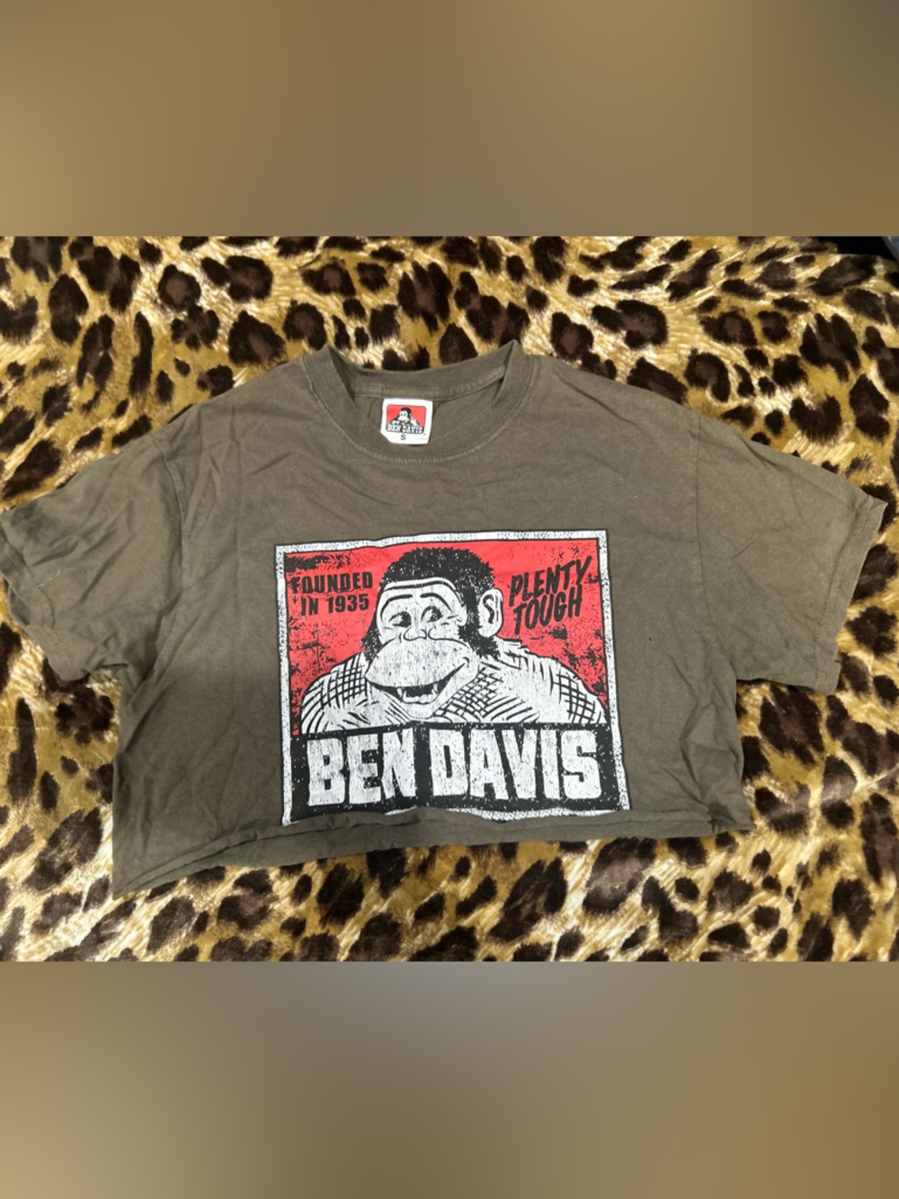 Ben Davis Olive Graphic T-Shirt with Red and White Print cropped